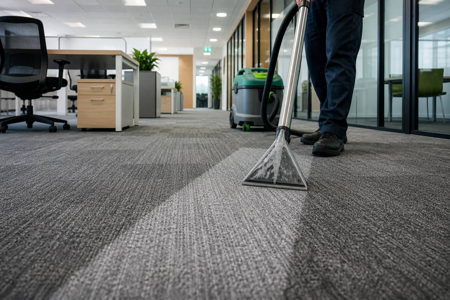 Commercial office carpet being professionally cleaned