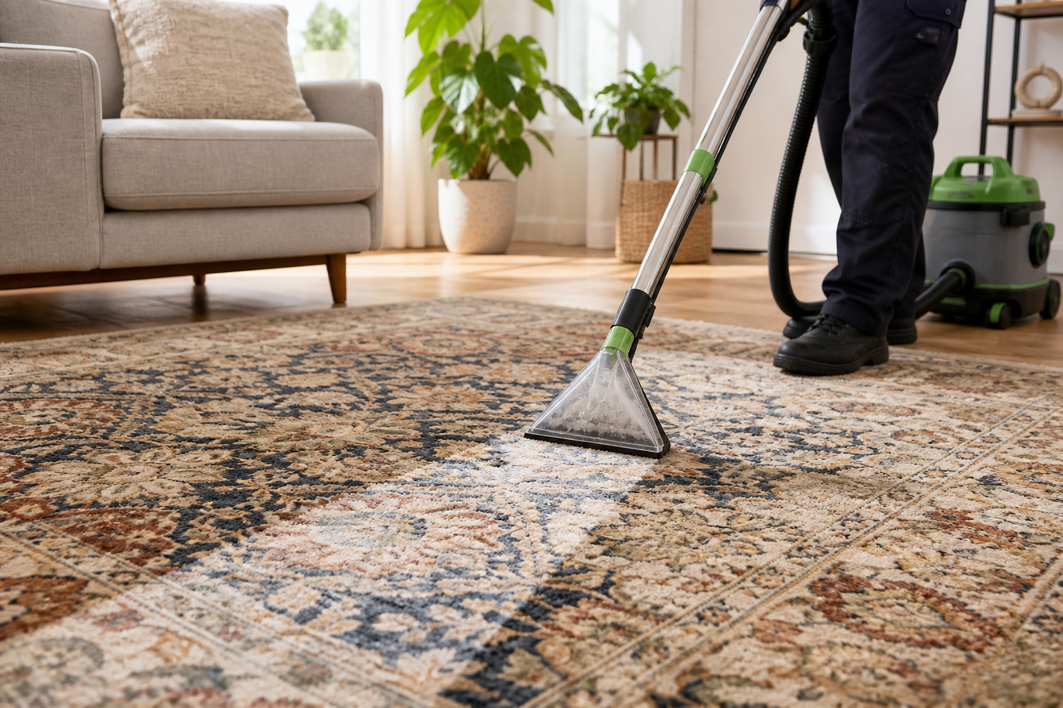 Patterned rug being cleaned in a bright home