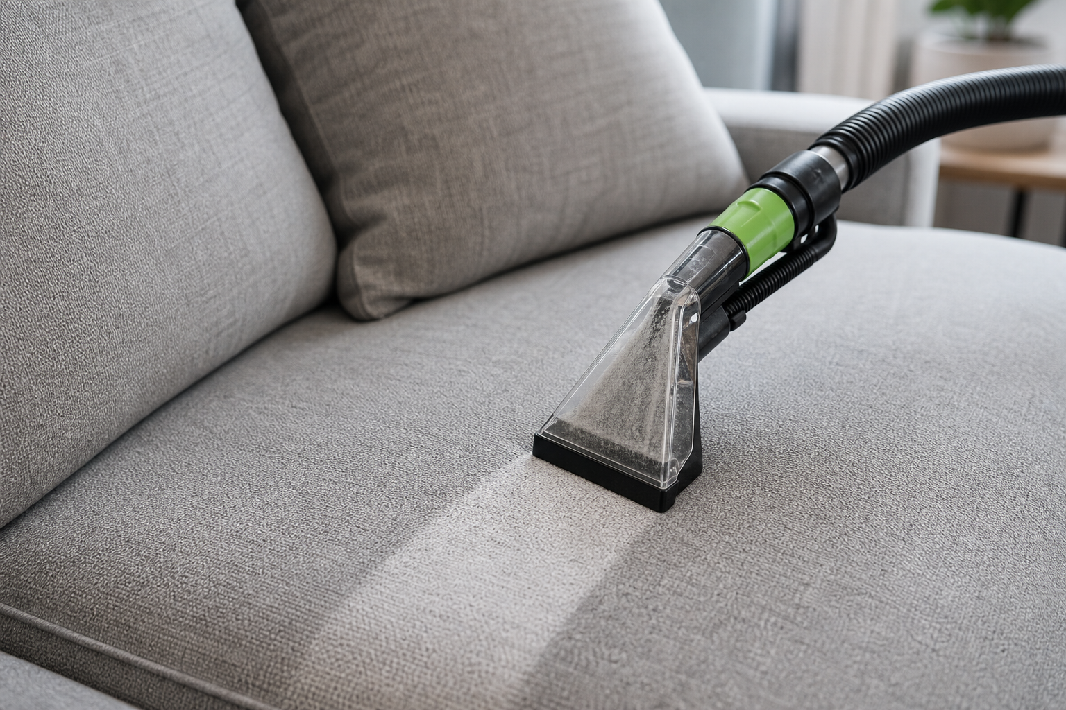 Grey sofa upholstery being cleaned with extraction tool